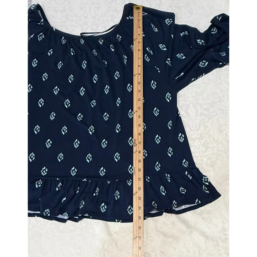 Style & Co Womens XL Navy Blue Floral Ruffle Hem Bell Sleeve Cottagecore Boho